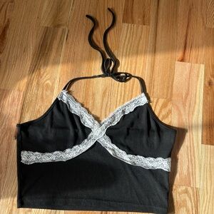 Black Halter Top with White Lace Trim